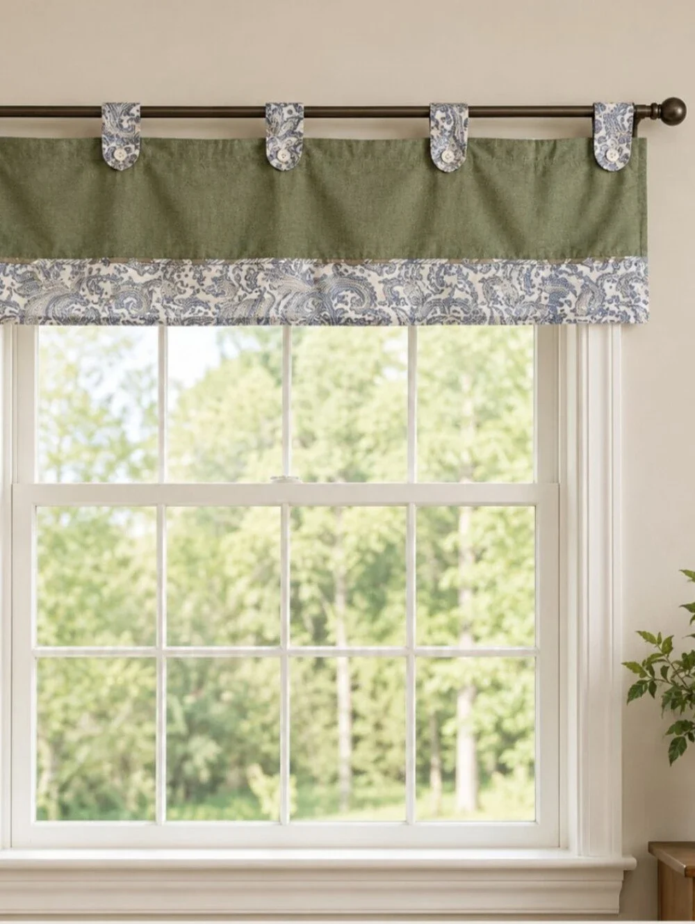 Villager Sage Green Tab-Top Valance with Paisley Trim